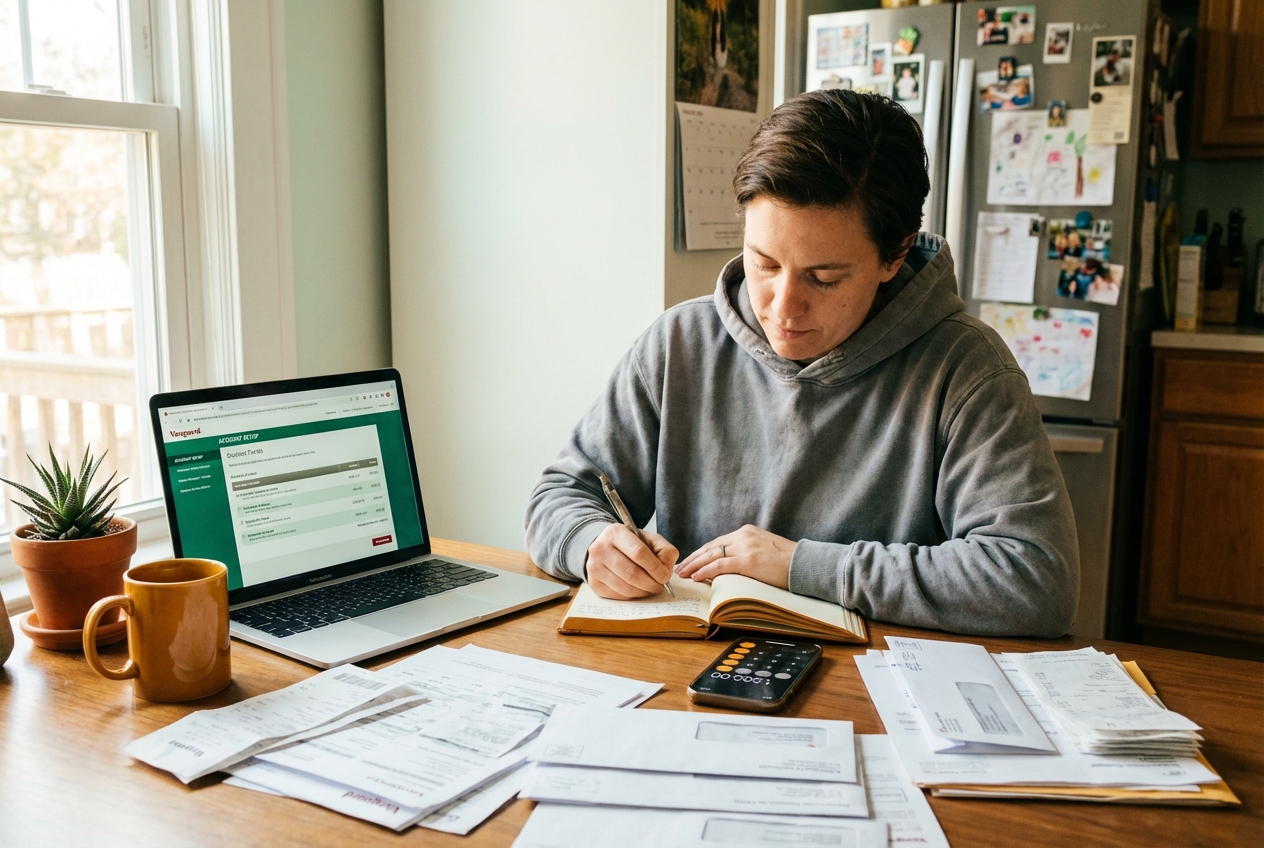 Person at kitchen table on weekend morning reviewing investment accounts and organizing finances - the first step toward building wealth