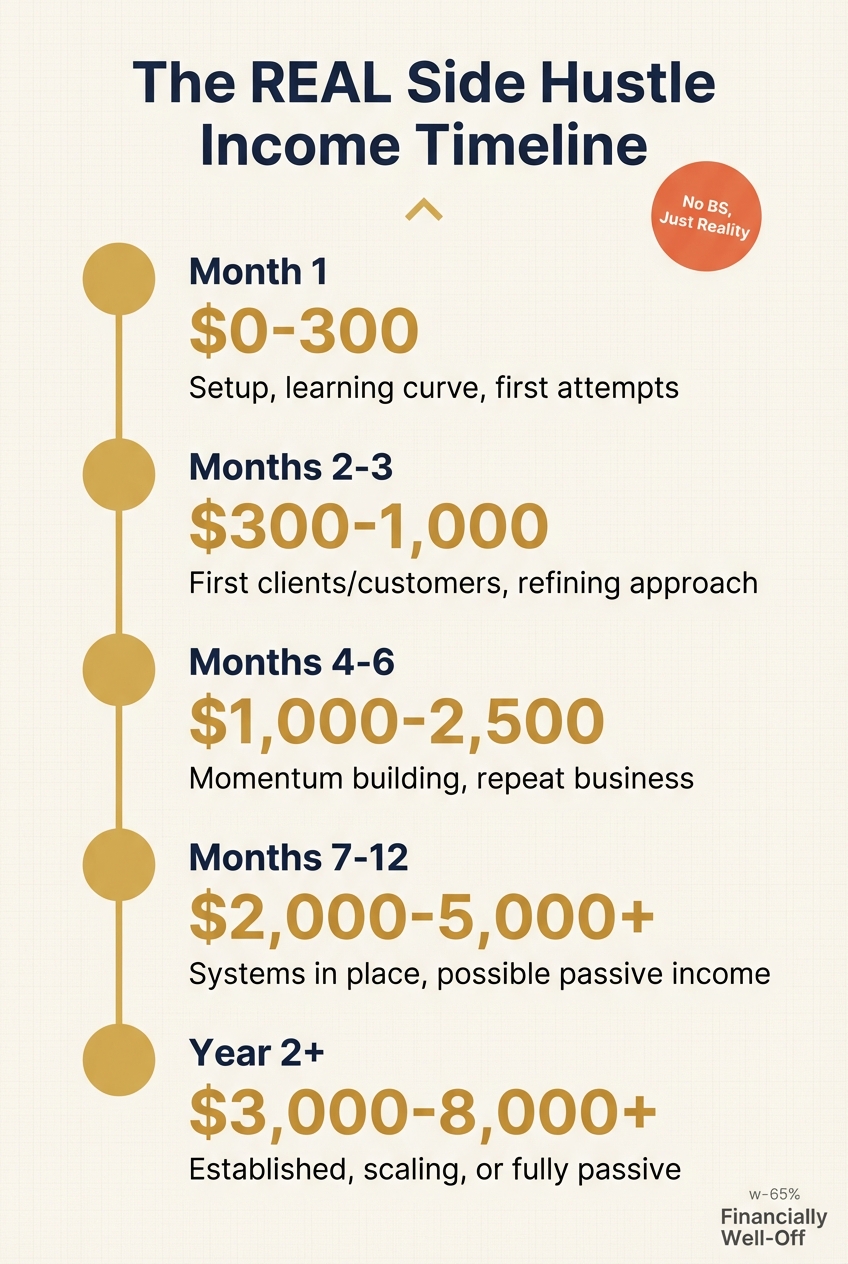 The real side hustle income timeline showing realistic monthly earnings progression from $0-300 in month 1 to $3,000-8,000+ by year 2
